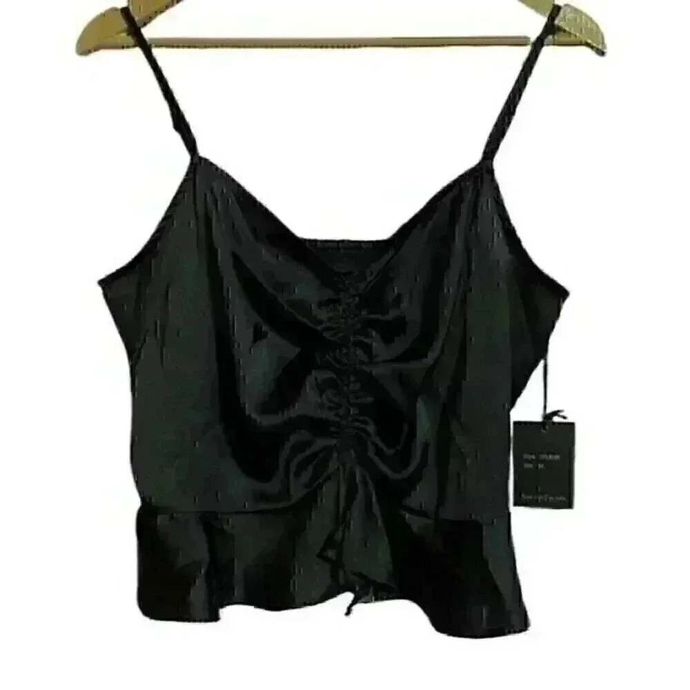 Japna Women's M Black Satin Look Ruched Cami Top Adjustable Straps Ruffle NWT